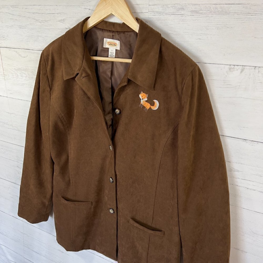 Talbots Blazer Jacket Womens Size Large Brown Suede Adorable Fox Patch Fall Wear - Picture 6 of 16